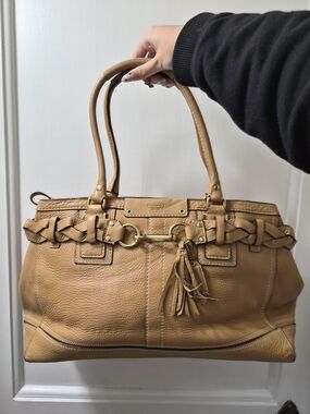 Coach Caramel Tan Leather Braided-Trim Tote with Tassel